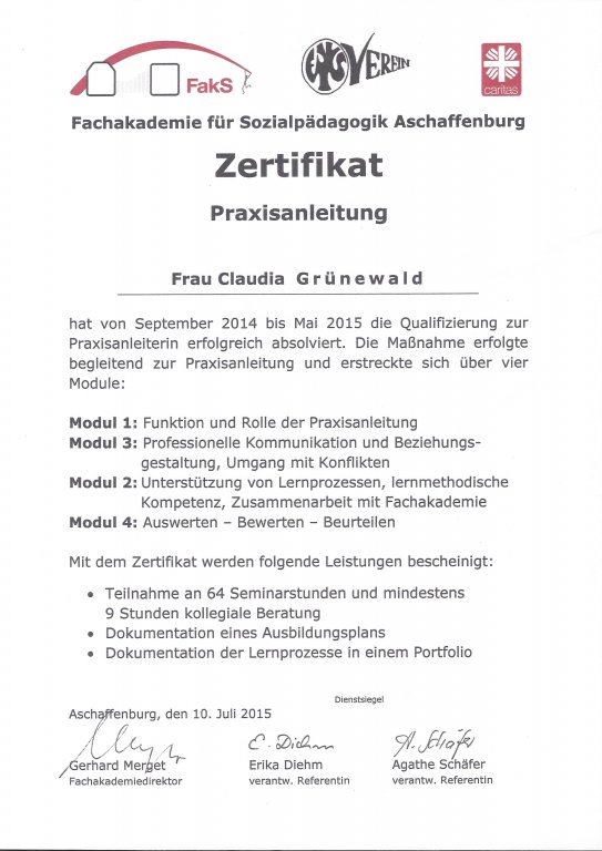 Zertifikat Praxisanleitung Claudia Gründewald