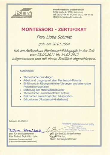Zertifikat Montessori Lioba Schmitt 2012